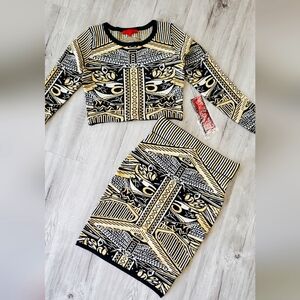 NWT WOW COUTURE Black & Gold Jacquard Crop Two-Piece Knit Bodycon Skirt Set